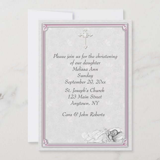 Pink Grey Baptism Christening Invitation (Front)
