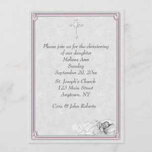 Pink Grey Baptism Christening Invitation
