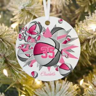 pink grey basketballs stars girls keepsake metal tree decoration