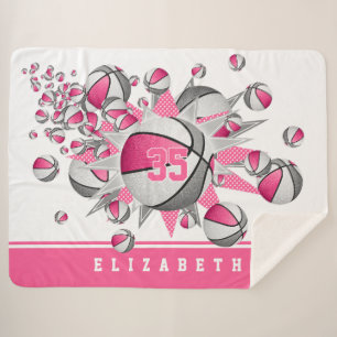 pink grey basketballs stars girls sports decor sherpa blanket
