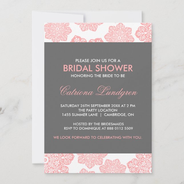 Pink & Grey Batik Flowers Bridal Shower Invitation (Front)