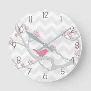 Pink Grey Bird on Branch Wall Clock