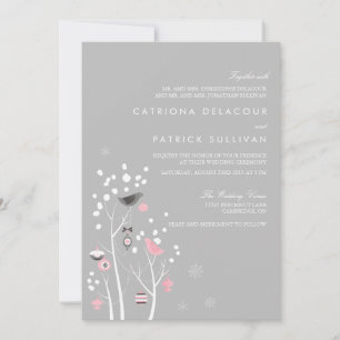 Pink & Grey Birds Winter Snow Wedding Invitation