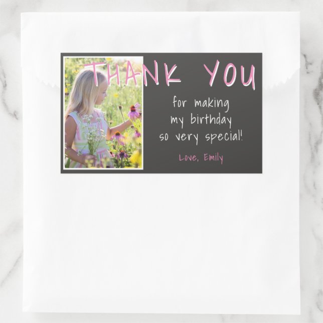 Pink Grey Birthday Girl Photo Thank you Favour Rectangular Sticker (Bag)