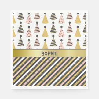 Pink & Grey Birthday Hats & Stripes Napkin