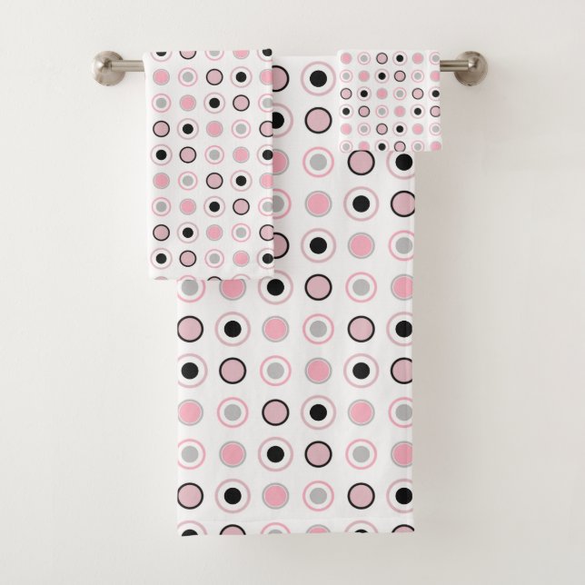 Pink, grey, black and white bath towel set (Insitu)