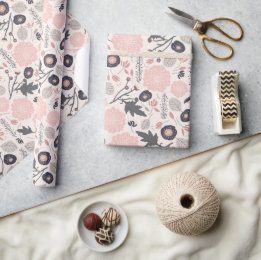 Pink Grey Black Botanical Floral Pattern Wrapping Paper