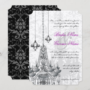 Pink Grey Black Chandelier Damask Wedding Invitation