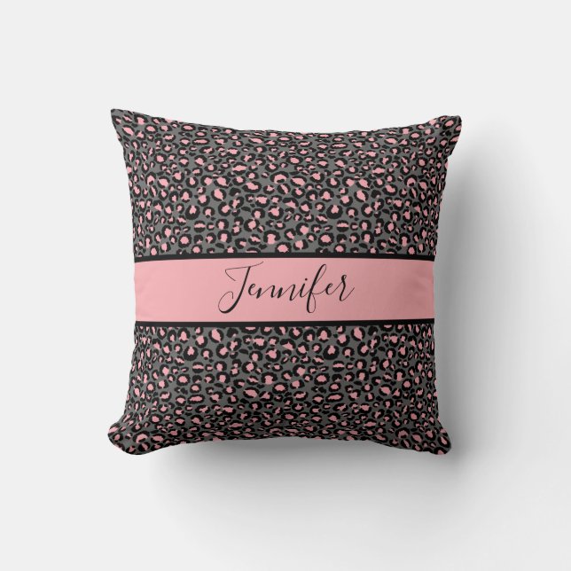 Pink Grey Black Cheetah Monogram Throw Pillow (Front)