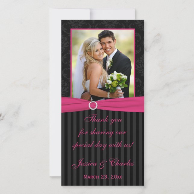 Pink Grey Black Damask Striped Wedding Photo Card (Front)