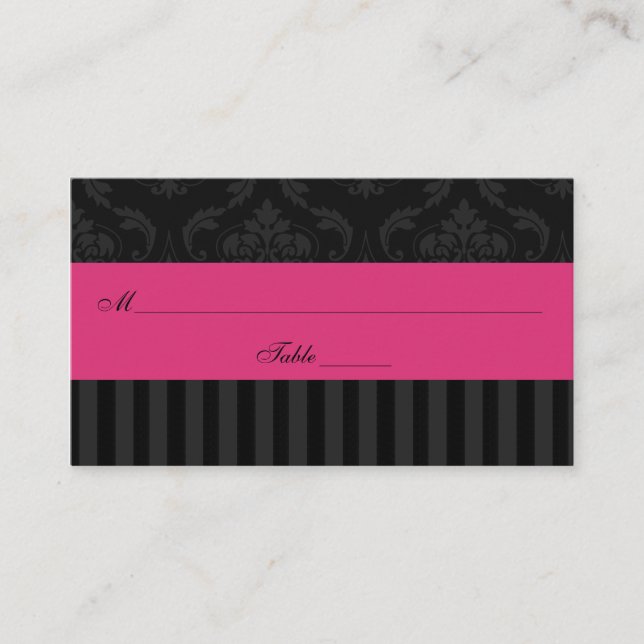 Pink Grey Black Damask Stripes Place Card (Front)