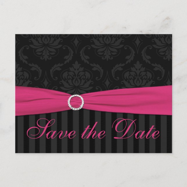 Pink Grey Black Damask Stripes Save The Date Card (Front)