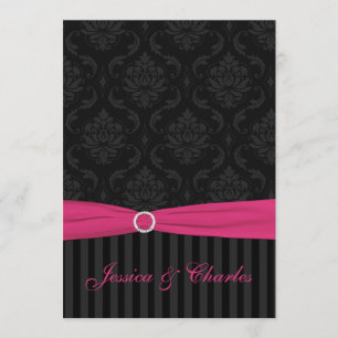 Pink Grey Black Damask Stripes Scrolls Wedding Invitation