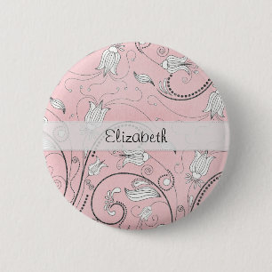 Pink Grey Black Flowers Stitched Vellum 6 Cm Round Badge