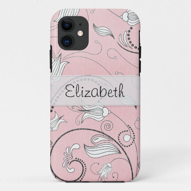 Pink Grey Black Flowers Stitched Vellum Case-Mate iPhone Case (Back)