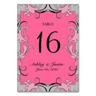 Pink Grey Black Swirls Wedding Table Number Card