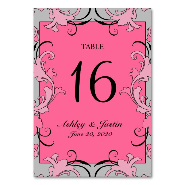 Pink Grey Black Swirls Wedding Table Number Card (Front)