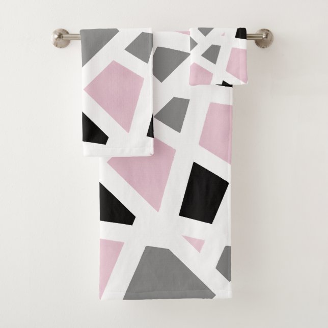 Pink Grey Black White Abstract Geometric Bath Towel Set (Insitu)