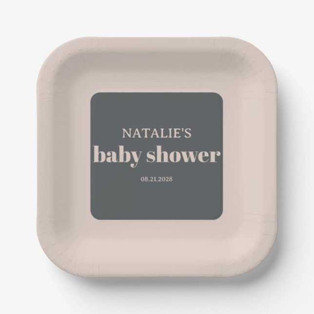 Pink Grey Boho Typography Baby Shower Paper Plate (Front)