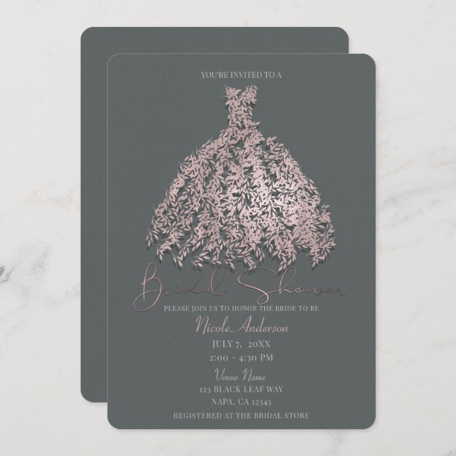 Pink & Grey Botanical Leaves Dress Bridal Shower Invitation (Front/Back)