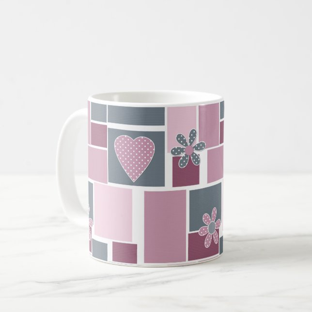 Pink grey brown patchwork of square patches  coffee mug (Front Left)