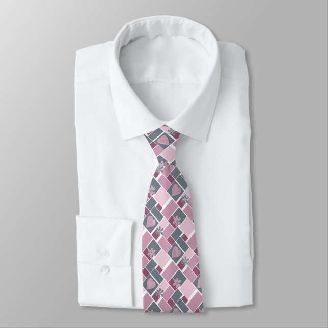Pink grey brown patchwork of square patches  tie (Tied)