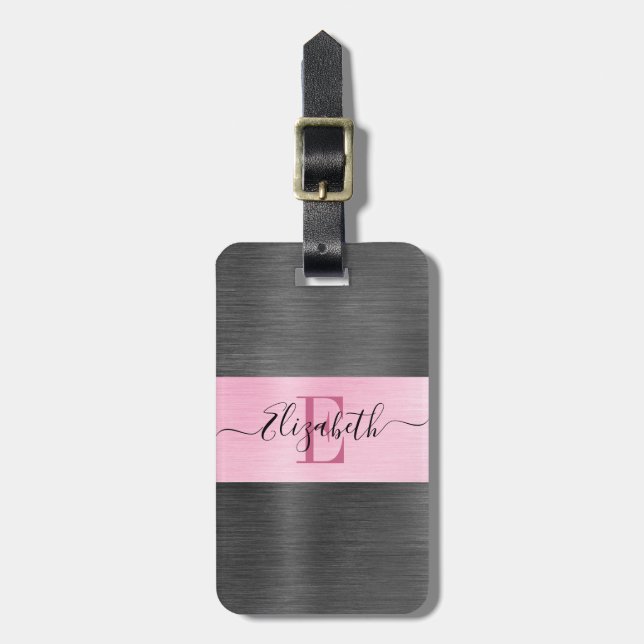 Pink Grey Brushed Metal Script Monogram Luggage Tag (Front Vertical)