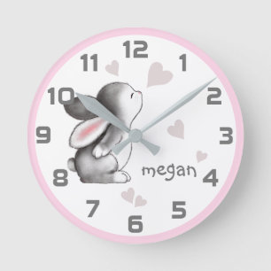 Pink Grey Bunny Heart Wall Clock