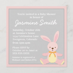 Pink grey bunny rabbit baby shower invitations