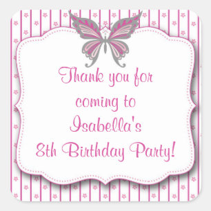 Pink & Grey Butterfly Birthday Party Favour Square Sticker