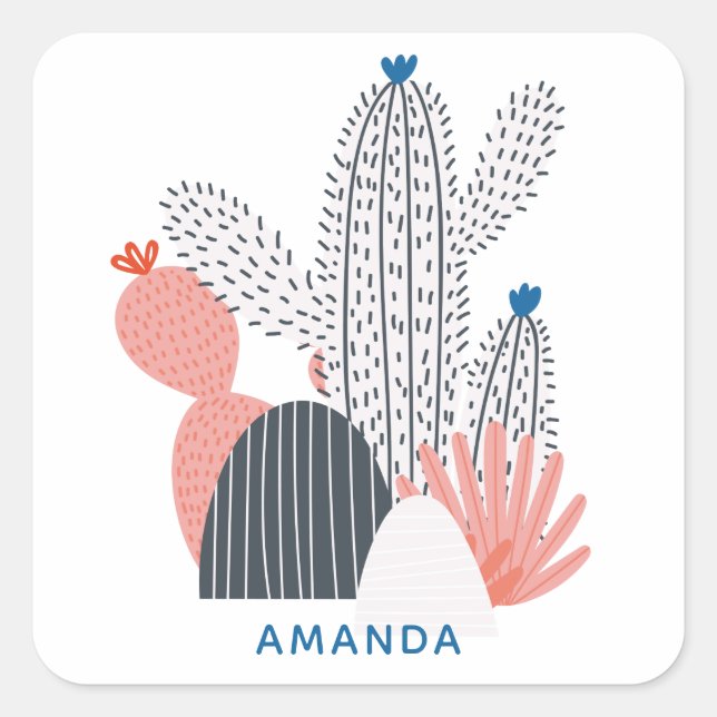 Pink grey cactus. Modern abstract cacti succulent Square Sticker (Front)