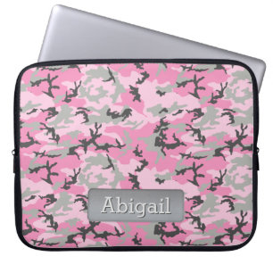 Pink Grey Camo Pattern Personalised Name Laptop Sleeve