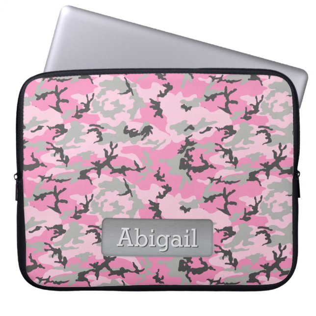 Pink Grey Camo Pattern Personalised Name Laptop Sleeve (Front)