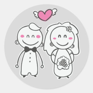 Pink & Grey Cartoon Bride And Groom Wedding Classic Round Sticker