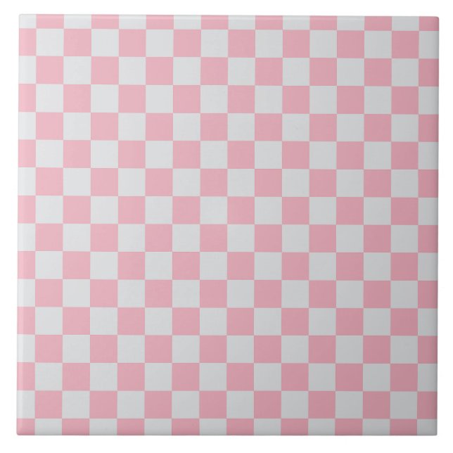 Pink + Grey Check Chequered Chequerboard Pattern Ceramic Tile (Front)