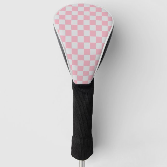 Pink + Grey Check Chequered Chequerboard Pattern Golf Head Cover (Front)
