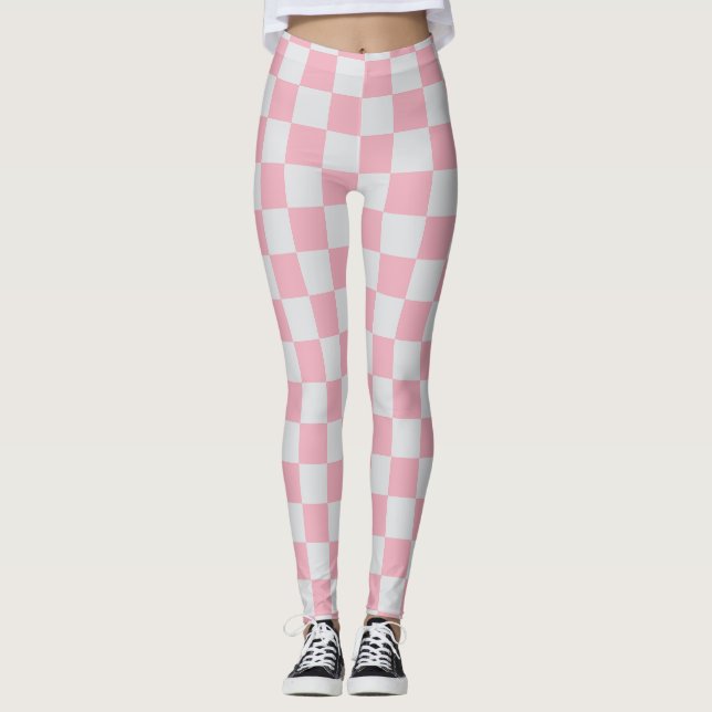 Pink + Grey Check Chequered Chequerboard Pattern Leggings (Front)
