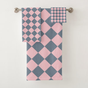 Pink Grey Chequered Diamond Pattern  Bath Towel Set