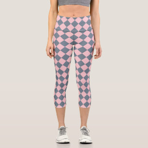 Pink Grey Chequered Diamond Pattern  Capri Leggings