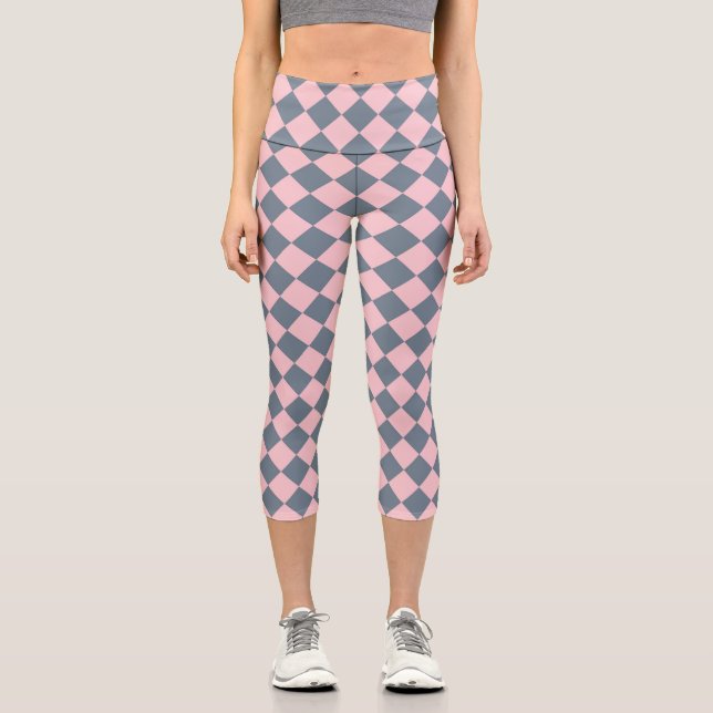 Pink Grey Chequered Diamond Pattern  Capri Leggings (Front)