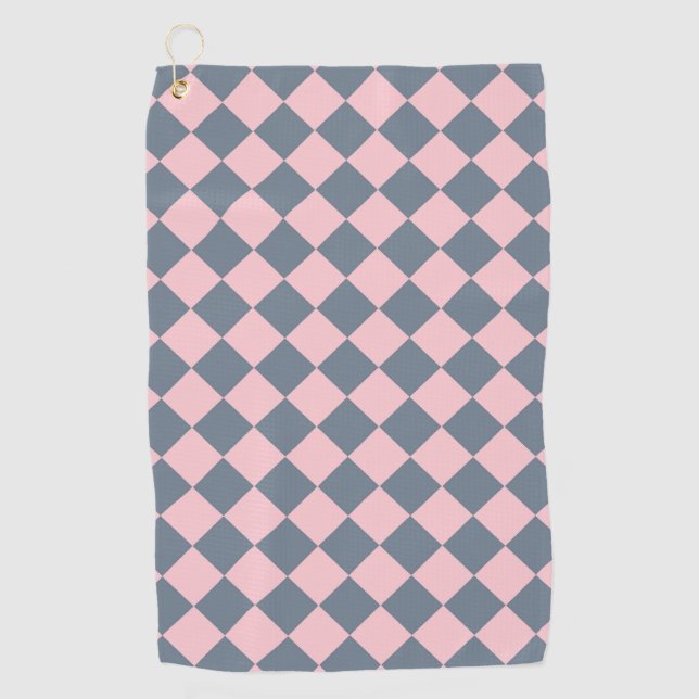 Pink Grey Chequered Diamond Pattern Golf Towel (Front)