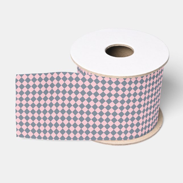 Pink Grey Chequered Diamond Pattern Grosgrain Ribbon (Spool)