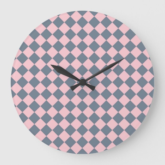 Pink Grey Chequered Diamond Pattern Large Clock (Front)