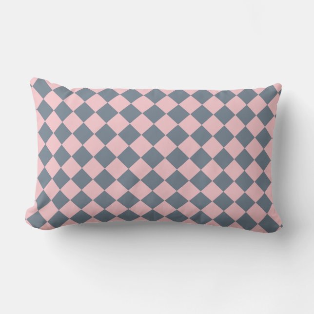 Pink Grey Chequered Diamond Pattern  Lumbar Cushion (Front)