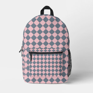 Pink Grey Chequered Diamond Pattern Printed Backpack