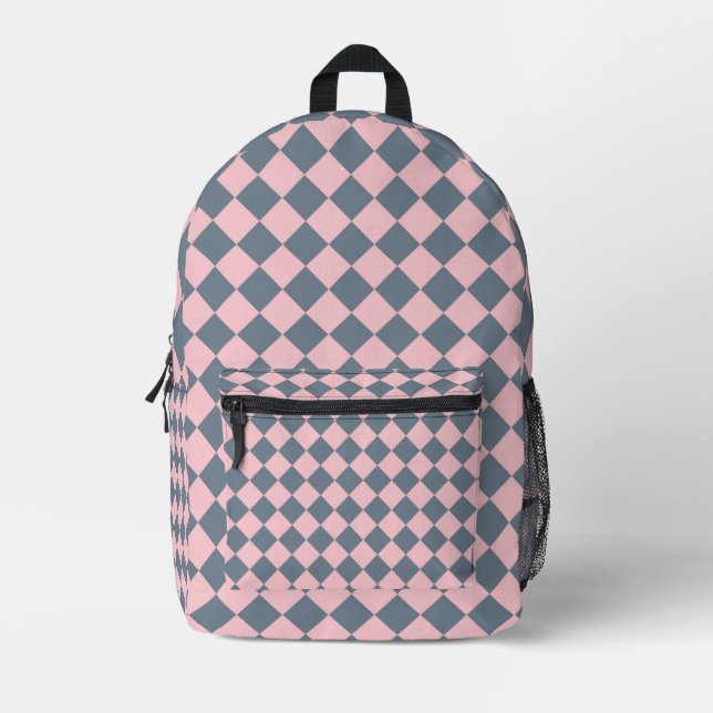 Pink Grey Chequered Diamond Pattern Printed Backpack (Front)