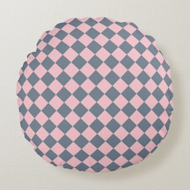 Pink Grey Chequered Diamond Pattern  Round Cushion (Front)