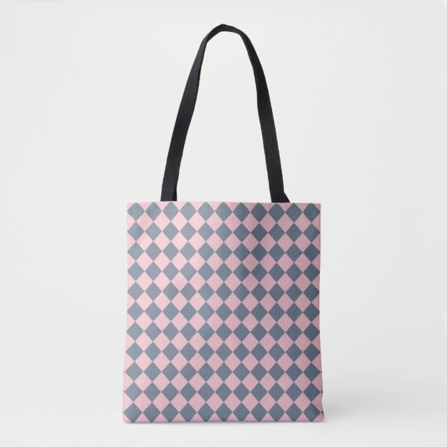 Pink Grey Chequered Diamond Pattern Shoulder Tote Bag (Front)