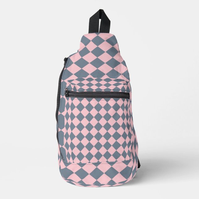 Pink Grey Chequered Diamond Pattern Sling Bag (Front)