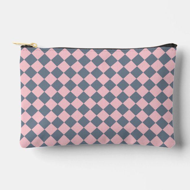 Pink Grey Chequered Diamond Pattern Small Accessory Pouch (Front)